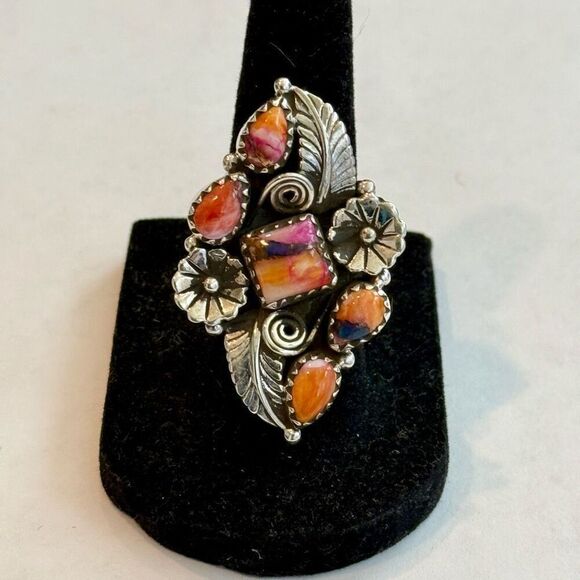 Spiny Turquoise Southwestern Statement Boho Ring Sterling Silver Floral Framed - Picture 1 of 10